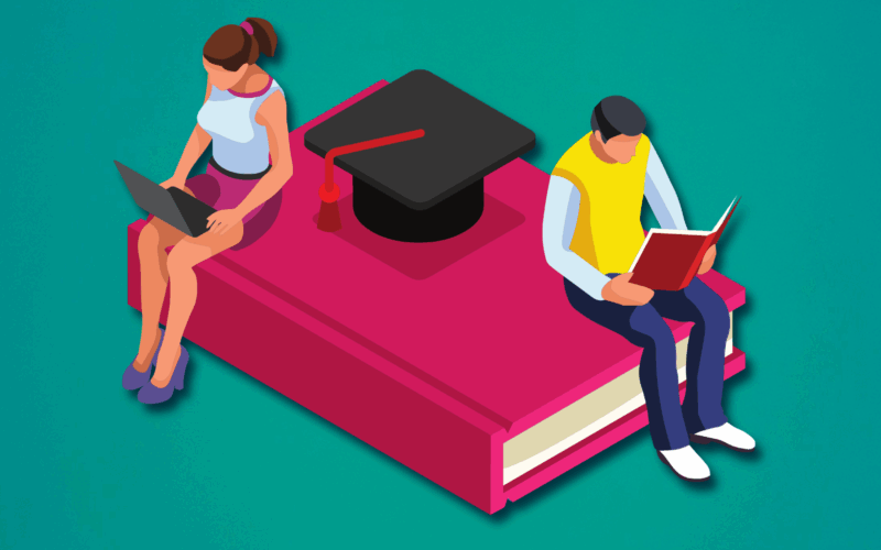 Illustration of two people on a large pink book. One person is sitting on the left, using a laptop, and the other is sitting on the right, reading a book. A graduation cap is placed in the center of the book.