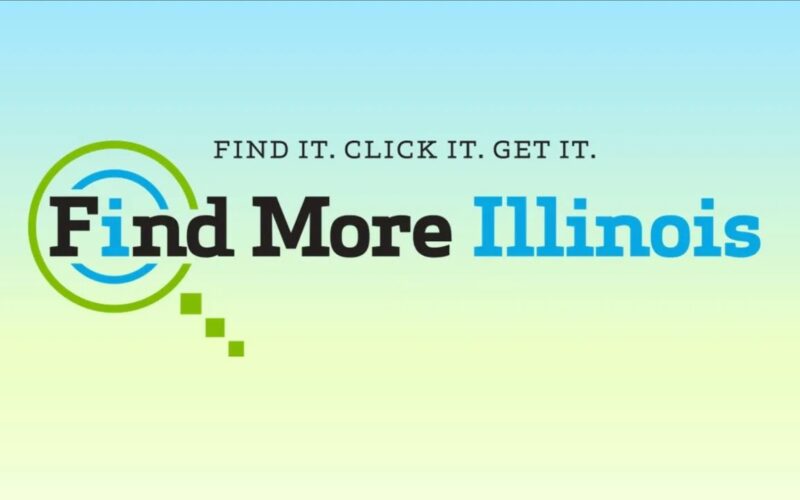 Logo for the 'Find More Illinois' initiative, featuring the slogan 'Find It. Click It. Get It.' The design includes a magnifying glass and colorful text with green and blue hues against a gradient background.
