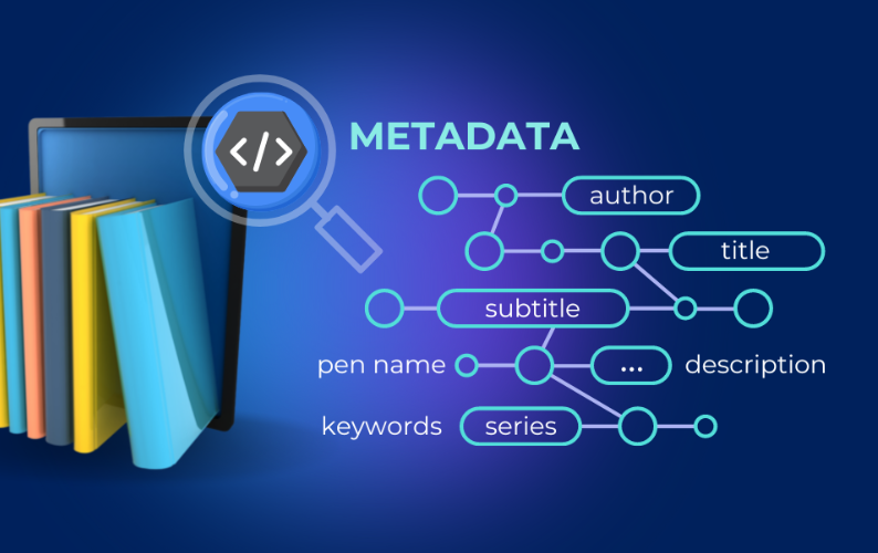 Illustration showing book metadata fields such as author, title, subtitle, description, keywords, and series.