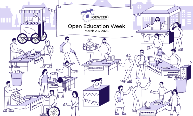 Illustrated promotional graphic for Open Education Week (March 2–6, 2026) featuring a community fair scene in purple line art, with diverse people interacting at booths labeled Ideas, Collaboration, Challenges, Inspiration, Networking, Resources, Solutions, and Projects.