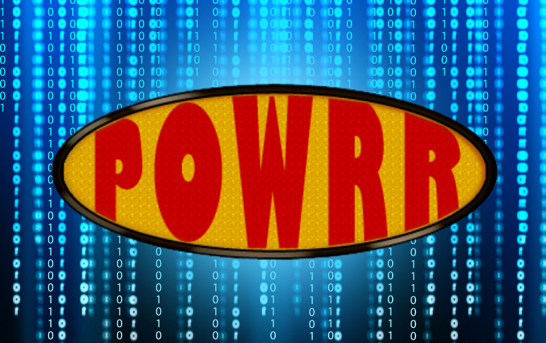 POWRR logo in red letters on a yellow oval background over a cascading binary code pattern of 1s and 0s.