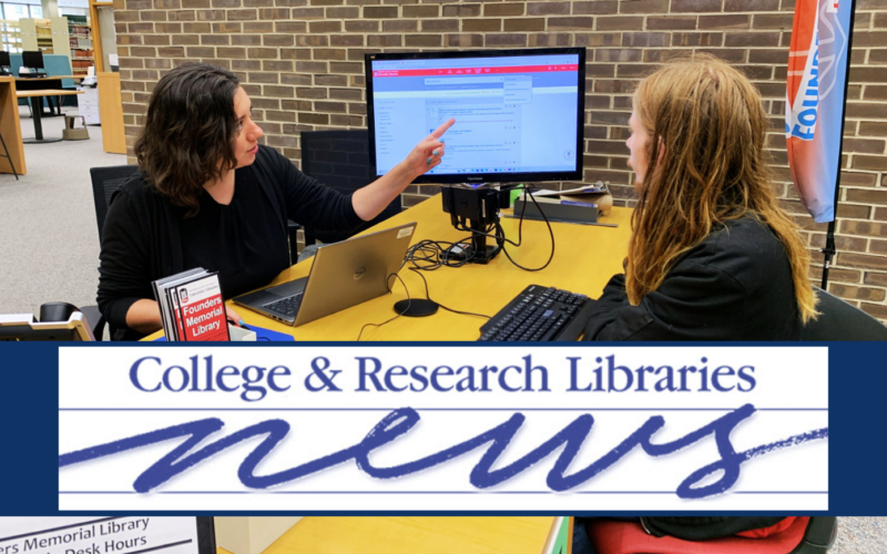 Librarian assisting a student at a computer help desk in a college library, pointing to information on a monitor; ‘College & Research Libraries News’ banner shown.